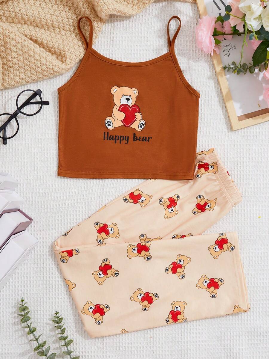 SHEIN 女大童熊和字母圖案吊帶上衣和褲子睡衣套裝 - 彩色 - 查看 1