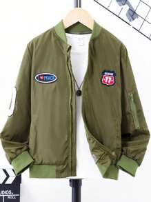 SHEIN Tween Boy Letter Patched Detail Bomber Jacket Without Tee - Army Green - View 1