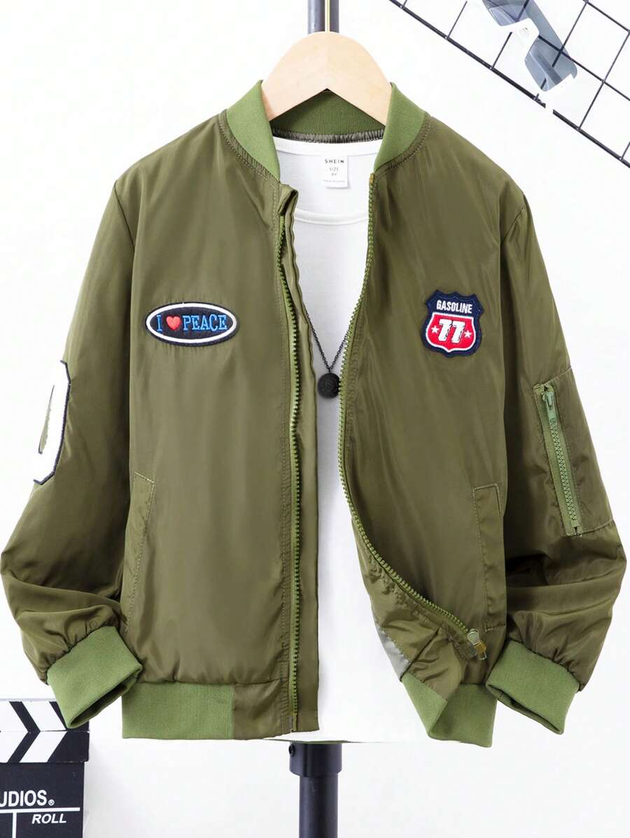 SHEIN Tween Boy Letter Patched Detail Bomber Jacket Without Tee - Army Green - View 1