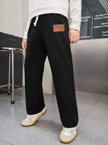 SHEIN Tween Boy Letter Patched Detail Drawstring Waist Joggers - Black - View 5