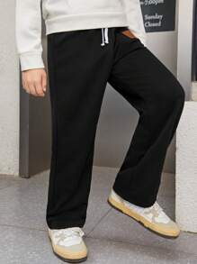 SHEIN Tween Boy Letter Patched Detail Drawstring Waist Joggers - Black - View 6