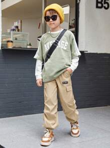 SHEIN Cậu bé Tween Chi tiết Patched thư Túi nắp bên cạnh Eo dây rút Quần - Màu Khaki - Xem 3