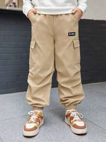 SHEIN Cậu bé Tween Chi tiết Patched thư Túi nắp bên cạnh Eo dây rút Quần - Màu Khaki - Xem 4