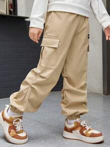 SHEIN Cậu bé Tween Chi tiết Patched thư Túi nắp bên cạnh Eo dây rút Quần - Màu Khaki - Xem 5