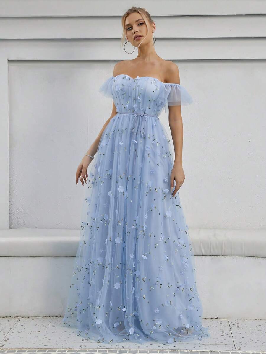 1pc Sweetheart Neck Embroidered Lace Applique High-Low Hem Bridal Wedding Dress Elegant Dress,Bride - Baby Blue - View 1