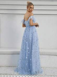 1pc Sweetheart Neck Embroidered Lace Applique High-Low Hem Bridal Wedding Dress Elegant Dress,Bride - Baby Blue - View 2