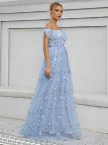 1pc Sweetheart Neck Embroidered Lace Applique High-Low Hem Bridal Wedding Dress Elegant Dress,Bride - Baby Blue - View 3