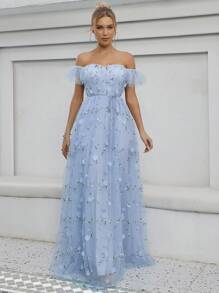 1pc Sweetheart Neck Embroidered Lace Applique High-Low Hem Bridal Wedding Dress Elegant Dress,Bride - Baby Blue - View 4