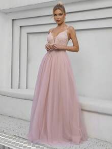 Floral Appliques Mesh Overlay Cami Wedding Dress Formal Dress - Pink - View 3