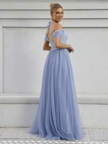 Cold Shoulder Contrast Lace Mesh Wedding Dress - Dusty Blue - View 2