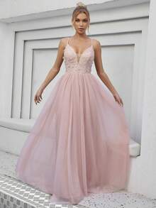 Floral Appliques Mesh Overlay Cami Wedding Dress Formal Dress - Pink - View 6