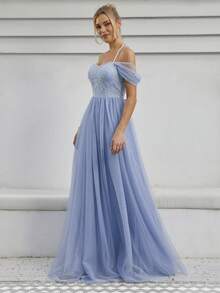 Cold Shoulder Contrast Lace Mesh Wedding Dress - Dusty Blue - View 3