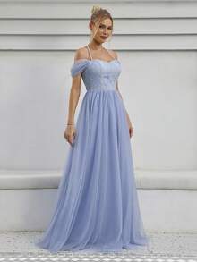 Cold Shoulder Contrast Lace Mesh Wedding Dress - Dusty Blue - View 5