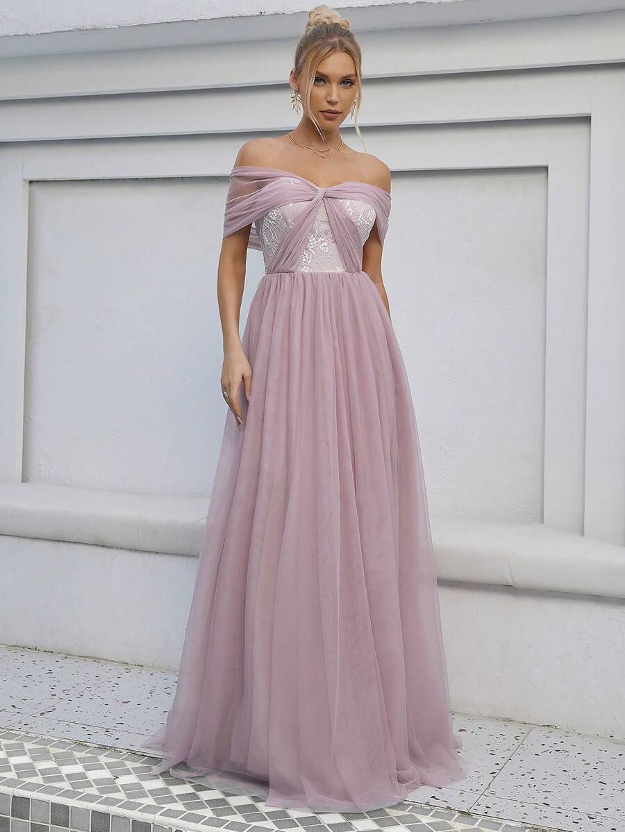 Off Shoulder Mesh Formal Dress - Pink - View 1