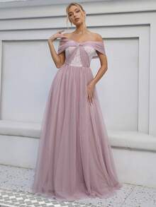 Off Shoulder Mesh Formal Dress - Pink - View 3