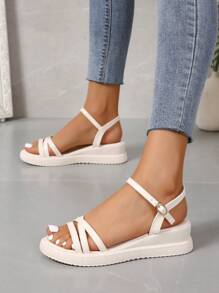 優雅涼鞋適用於女士交叉踝帶坡跟涼鞋 - 米色 - 查看 3