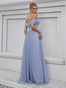 Off Shoulder Mesh Formal Dress - Blue - View 2