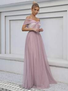 Off Shoulder Mesh Formal Dress - Pink - View 4