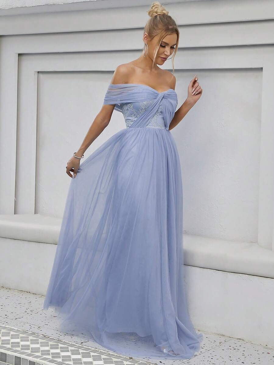Off Shoulder Mesh Formal Dress - Blue - View 1