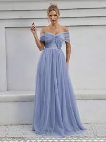 Off Shoulder Mesh Formal Dress - Blue - View 6
