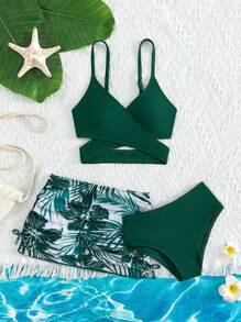 SHEIN Tween Girl Cross Wrap Bikini Set With Tropical Print Beach Skirt Summer Beach