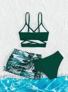 SHEIN Tween Girl Cross Wrap Bikini Set With Tropical Print Beach Skirt Summer Beach