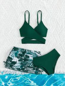 SHEIN Tween Girl Cross Wrap Bikini Set With Tropical Print Beach Skirt Summer Beach