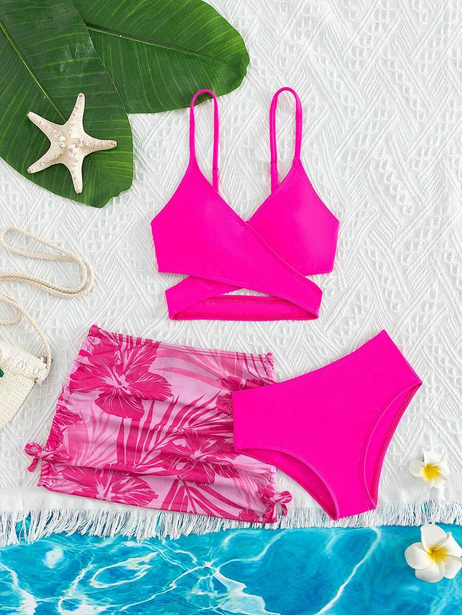 SHEIN Conjunto de bikini cruzado con estampado tropical y falda de playa de verano para niña preadolescente - Rosa Fucsia - Ver 1