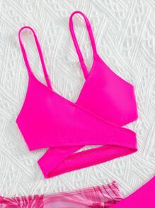 SHEIN Conjunto de bikini cruzado con estampado tropical y falda de playa de verano para niña preadolescente - Rosa Fucsia - Ver 3