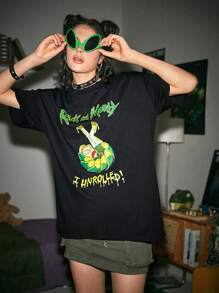 Rick and Morty | ROMWE 字母與卡通圖形下垂肩t恤 - 黑色 - 查看 2