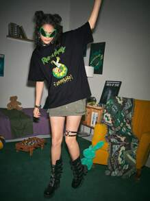 Rick and Morty | ROMWE 字母與卡通圖形下垂肩t恤 - 黑色 - 查看 5