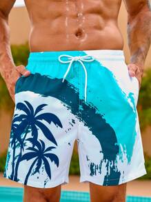 Surfspeed Men Coconut Tree Print Drawstring Waist Swim Trunks - Blue and White - View 1