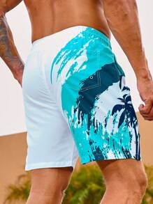 Surfspeed Men Coconut Tree Print Drawstring Waist Swim Trunks - Blue and White - View 2
