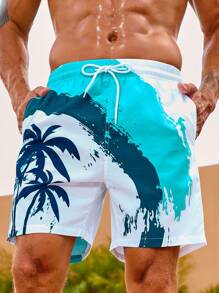 Surfspeed Men Coconut Tree Print Drawstring Waist Swim Trunks - Blue and White - View 3
