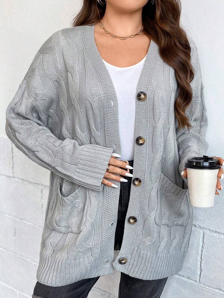 Chaqueta de punto de hombros caídos con bolsillo parche, para invierno, talla grande