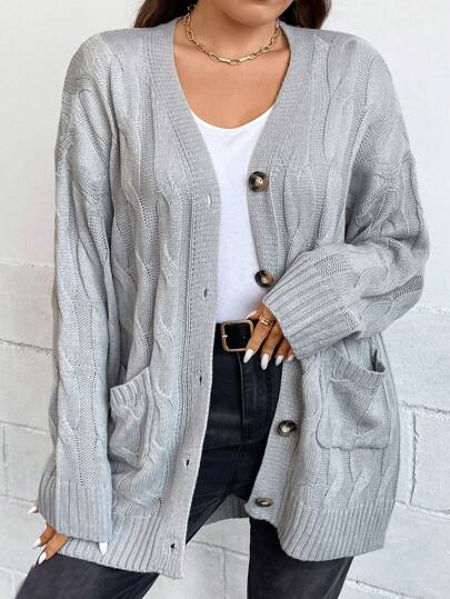 SHEIN LUNE Plus Cable Knit Drop Shoulder Pocket Cardigan, för vintern