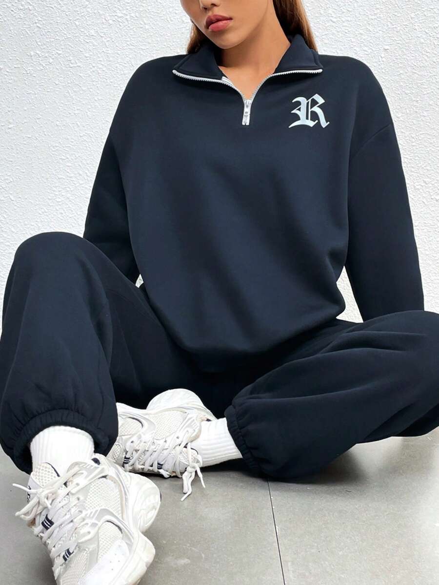 INAWLY 字母圖案半拉鏈落肩袖衛衣和衛褲 - 藏蓝色 - 查看 1