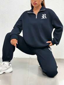 INAWLY 字母圖案半拉鏈落肩袖衛衣和衛褲 - 藏蓝色 - 查看 3