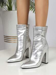 Fashionable & Comfortable Silver Ankle Boots With High Heels - Silver - View 1