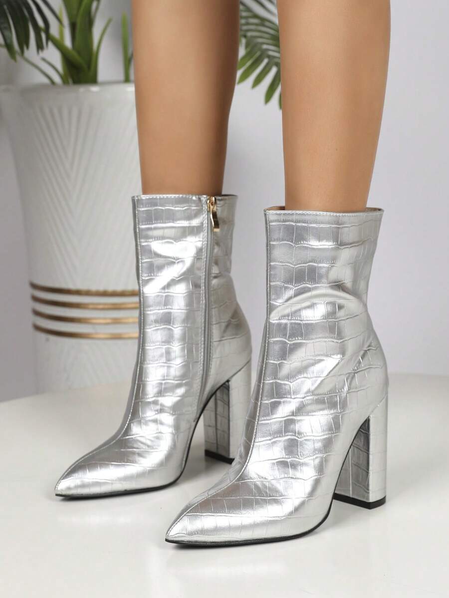 Fashionable & Comfortable Silver Ankle Boots With High Heels - Silver - View 1