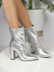 Fashionable & Comfortable Silver Ankle Boots With High Heels - Silver - View 2