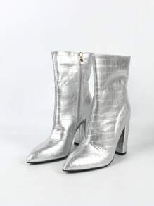 Fashionable & Comfortable Silver Ankle Boots With High Heels - Silver - View 3