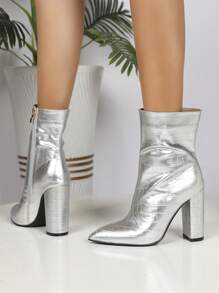 Fashionable & Comfortable Silver Ankle Boots With High Heels - Silver - View 4