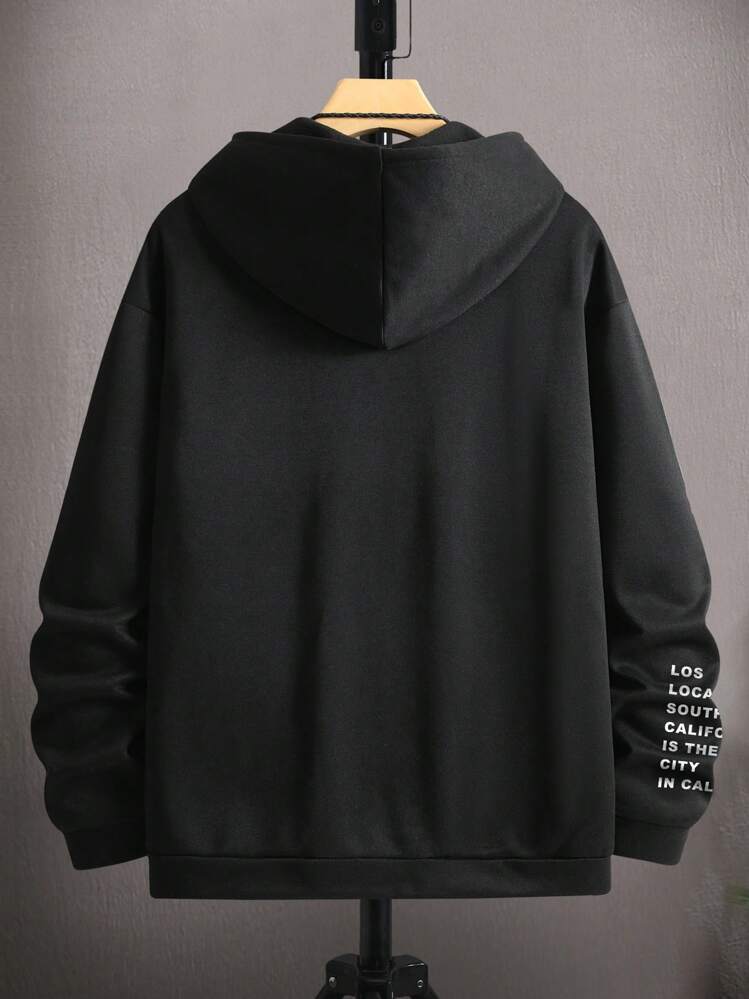Manfinity Hypemode Sudadera Con Capucha Holgada Para Hombre Con Revestimiento Térmico Y Eslogan Gráfico, Estilo De Cierre De Cremallera Con Cordón, Camiseta No Incluida - Negro - Ver 2