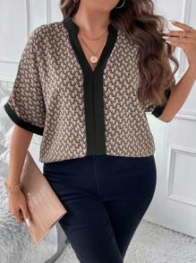 SHEIN Clasi Áo cánh dơi cổ khoét hở in họa tiết toàn thân cho mùa hè - màu nâu - Xem 5