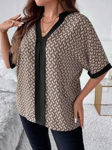 SHEIN Clasi Áo cánh dơi cổ khoét hở in họa tiết toàn thân cho mùa hè - màu nâu - Xem 4