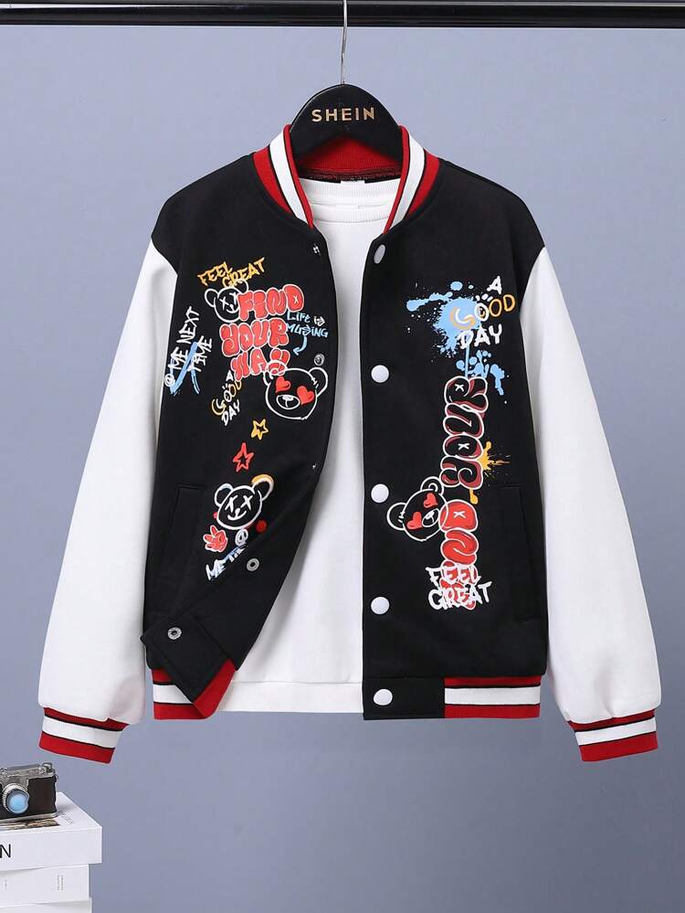 Tween Boy Letter Graphic Two Tone Varsity Jacket Without Tee