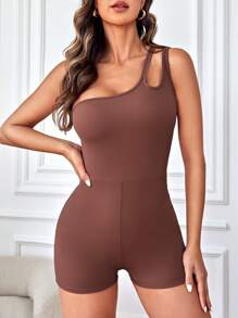交叉露背運動連體短褲 - 巧克力棕 - 查看 3