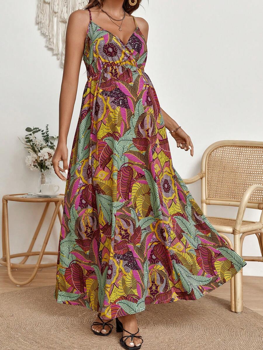 SHEIN Maternity Tropical Print Crisscross Backless Cami Dress - Multicolor - View 1