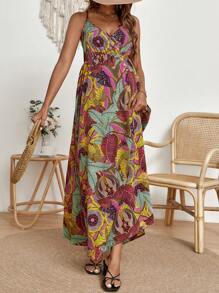 SHEIN Maternity Tropical Print Crisscross Backless Cami Dress - Multicolor - View 4